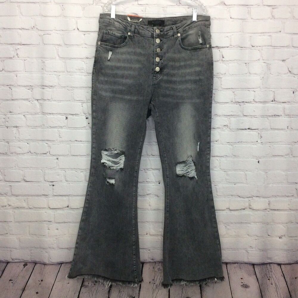 Risen LA Jeans Women's Sz 1XL Charcoal Wash Mid Rise Flare Distressed Button Fly